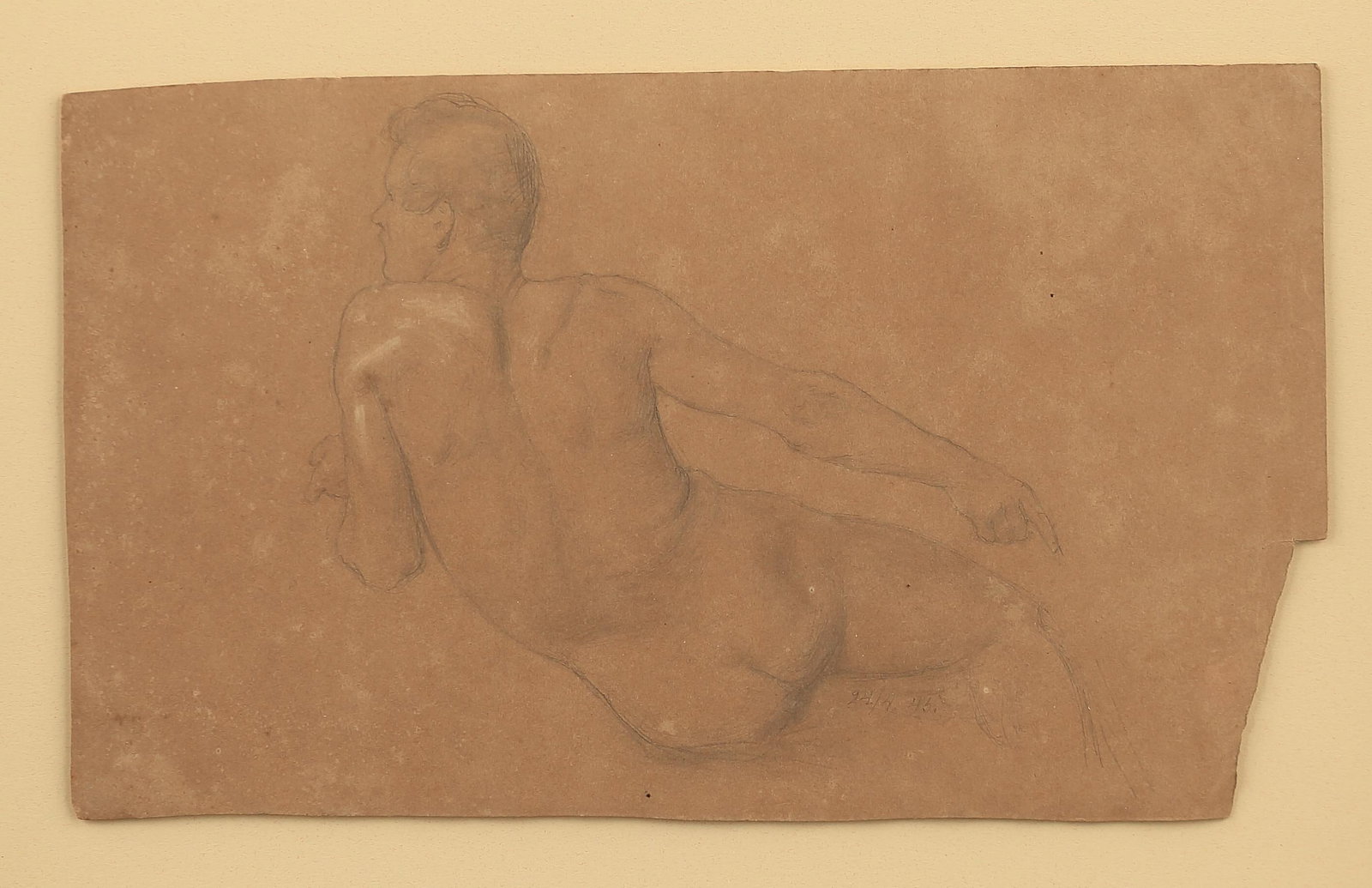 Friedrich Richard Petri (Am. 1824-1857), Reclining Male Nude, April 24, 1845: Friedrich Richard Petri (Am. 1824-1857), Reclining Male Nude, April 24, 1845, pencil on paper 6 1/2 x 11, dated lower right: 24/4 45
