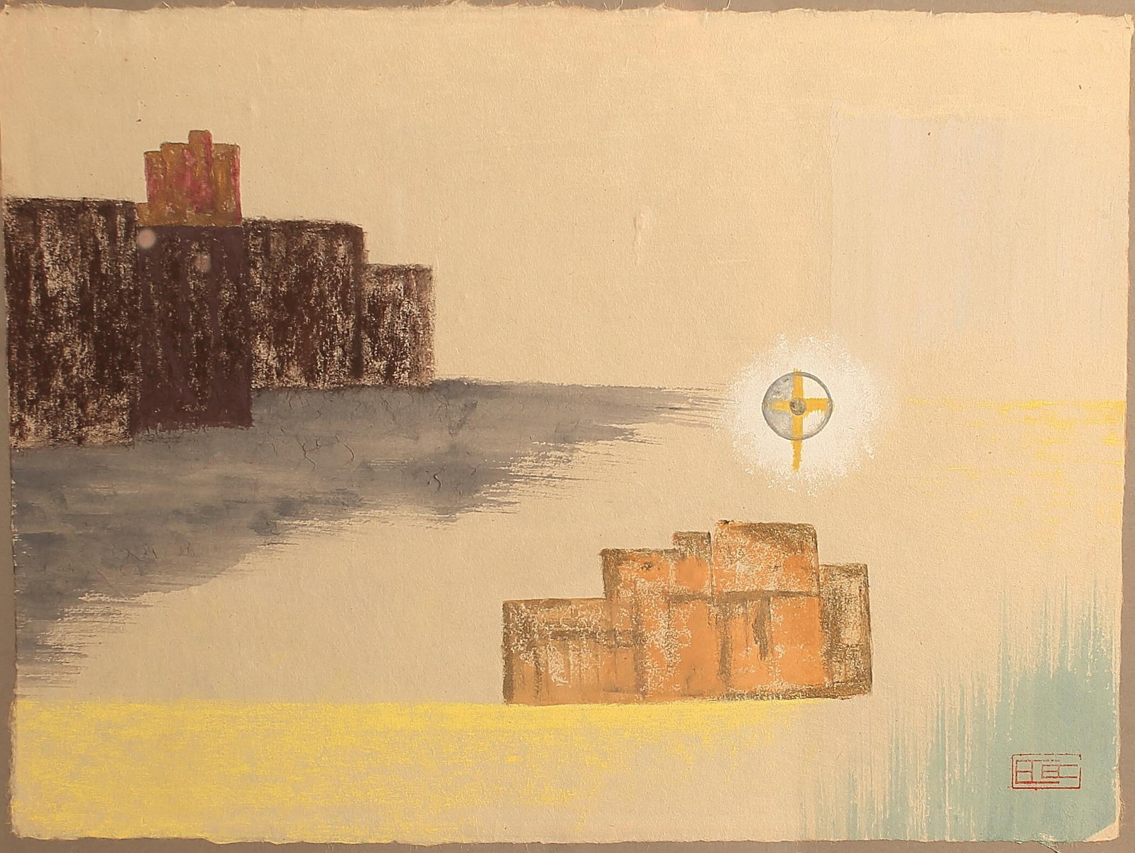 Bill Bomar (Am. 1919-1991), Golden Castle in the Sea: Bill Bomar (Am. 1919-1991), Golden Castle in the Sea, mixed media on paper mounted on board 12 x 16, signed lower right: BB