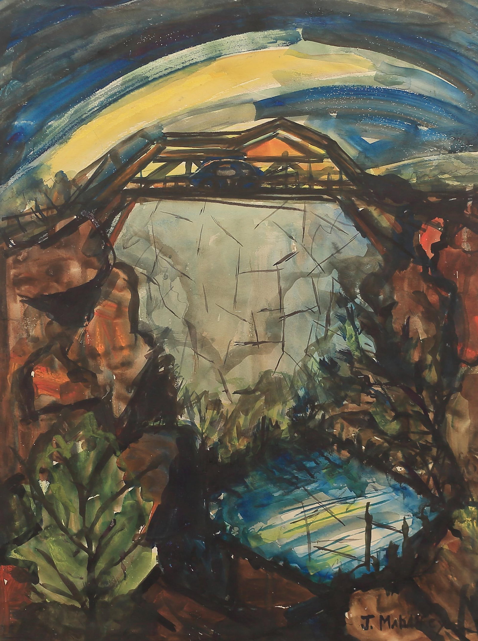 Josephine Mahaffey (Am. 1903-1982), One-Way Bridge, 1940: Josephine Mahaffey (Am. 1903-1982), One-Way Bridge, 1940, watercolor on paper 22 1/2 x 17, signed lower right: J. Mahaffey; titled and dated on verso: One-Way Bridge, 1940,