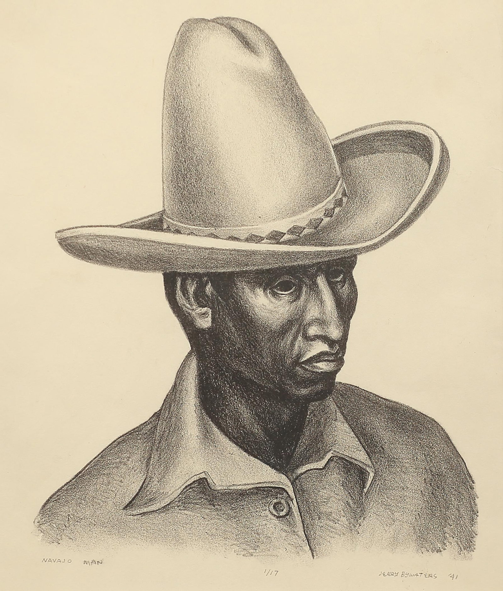 Jerry Bywaters (Am. 1906-1989), Navajo Man, ed. 17, 1941: Jerry Bywaters (Am. 1906-1989), Navajo Man, ed. 17, 1941, lithograph 10 1/2 x 8 1/2, signed across bottom: Navajo Man, 1/17, Jerry Bywaters '41,