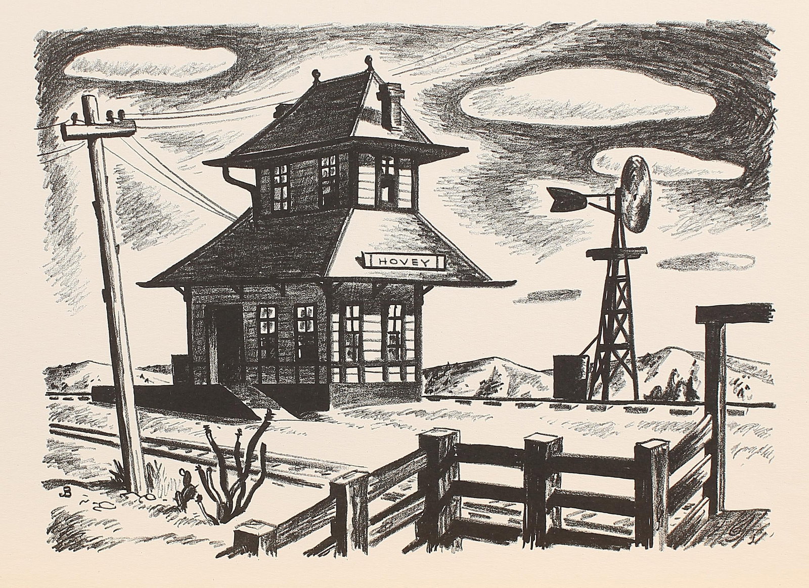Jerry Bywaters (Am. 1906-1989), West Texas R. R. Station: Jerry Bywaters (Am. 1906-1989), West Texas R. R. Station, lithograph 8 x 11 1/8, note lower left: 38, PROVENANCE: Dick Bywaters, son of Jerry Bywaters, passed down to his daughter, Leigh Swanson; Priv