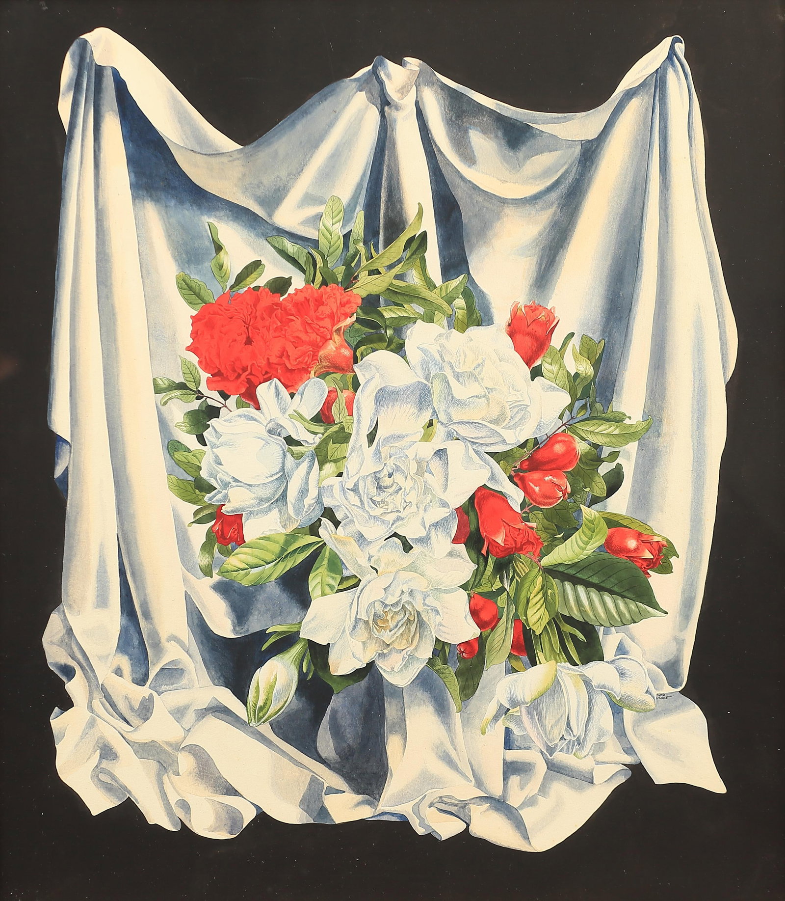 Alvyk Boyd Cruise (Am. 1909-1988), Cape Jasmine and Pomegranate Blossoms, 1946: Alvyk Boyd Cruise (Am. 1909-1988), Cape Jasmine and Pomegranate Blossoms, 1946, watercolor on paper 21 1/2 x 19, signed lower right: Boyd Cruise, According to catalog cards from the Heard Museum, the 
