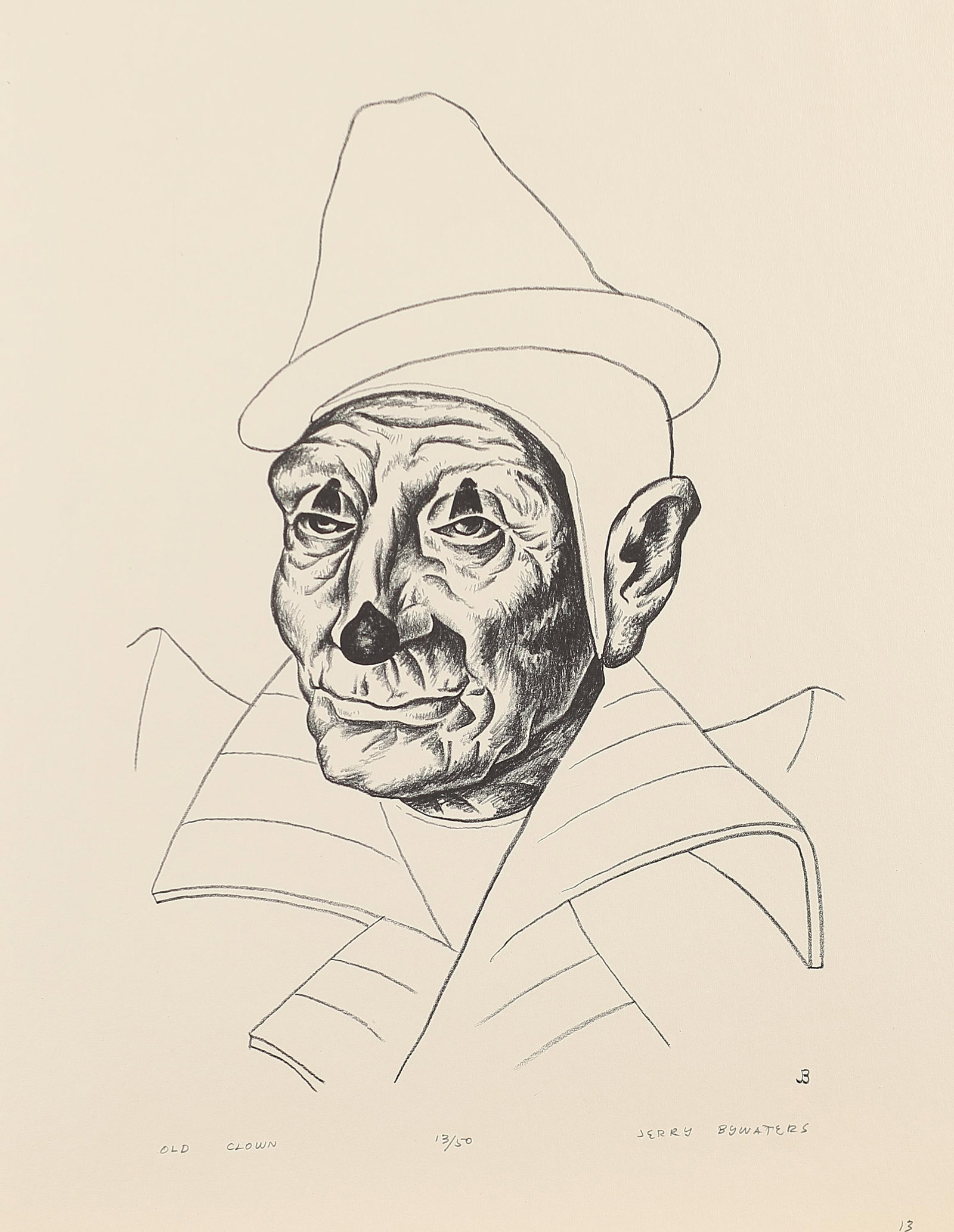 Jerry Bywaters (Am. 1906-1989), Old Clown, ed. 50, 1936: Jerry Bywaters (Am. 1906-1989), Old Clown, ed. 50, 1936, lithograph 11 x 8, signed across bottom: Old Clown, 13/50, Jerry Bywaters, P-63, 13, EXHIBITED: The 8th Annual Dallas Allied Arts Exhibition, D