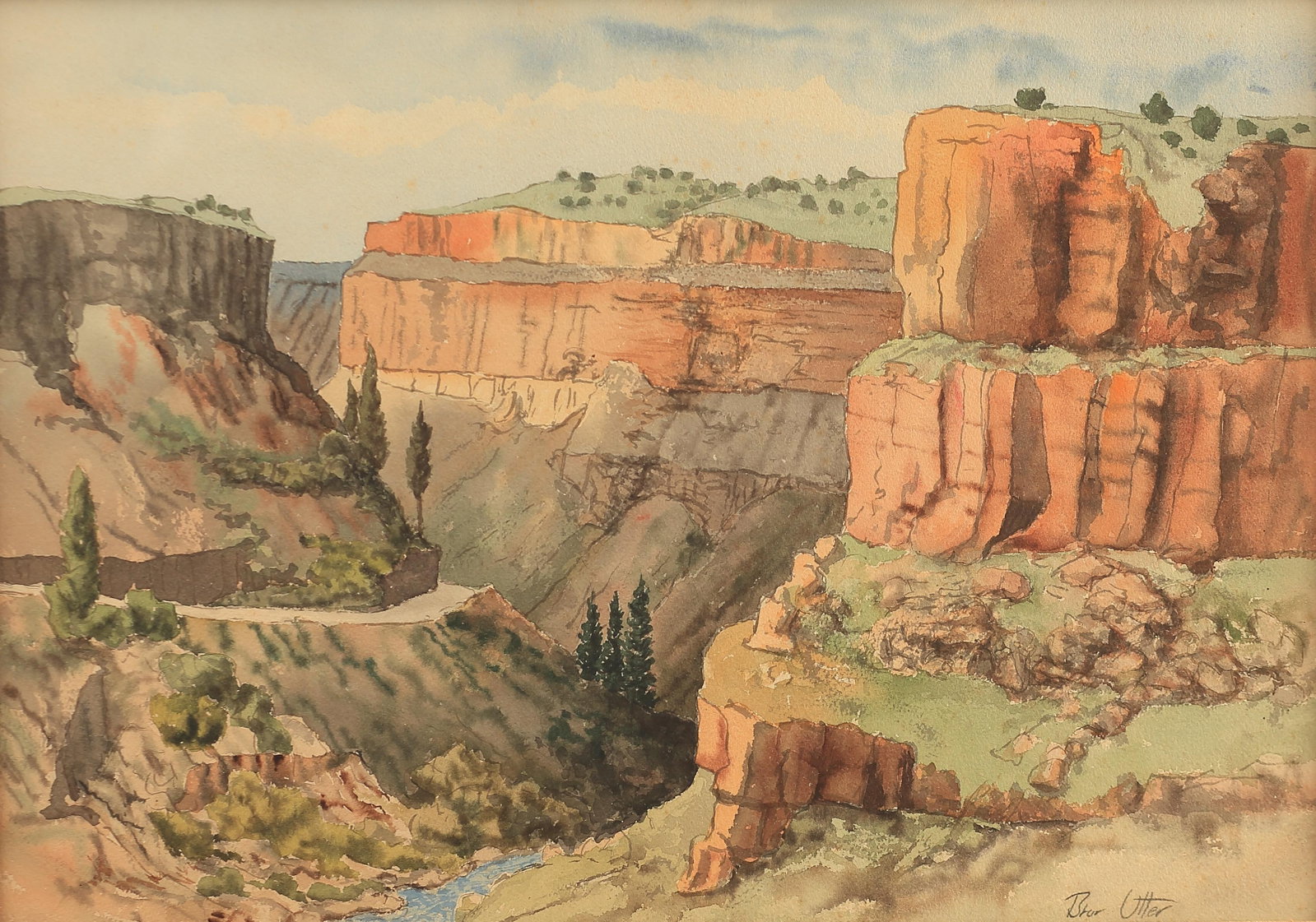 Bror Utter (Am. 1913-1993), Canyon Scene: Bror Utter (Am. 1913-1993), Canyon Scene, watercolor on paper 14 x 20, signed lower right: Bror Utter, LOTS: 138-166. David Dike is pleased to offer selected works from the collection of Dick and Caro