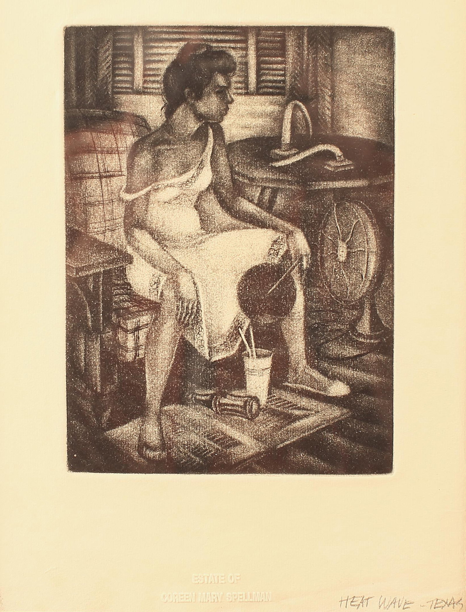 Coreen Spellman (Am. 1905-1978), Heat Wave - Texas: Coreen Spellman (Am. 1905-1978), Heat Wave - Texas, mezzotint 7 x 5, titled lower right: Heat Wave - Texas; stamped: Estate of Coreen Mary Spellman, LOTS: 138-166. David Dike is pleased to offer selec