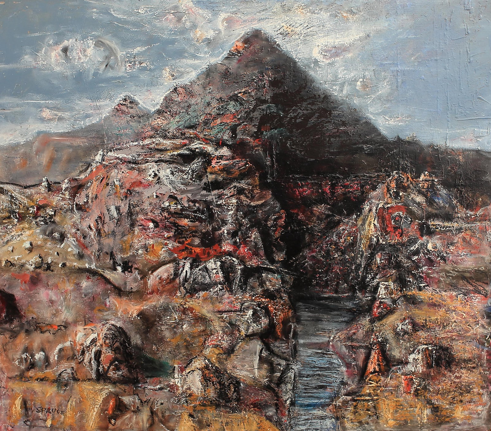 Everett Spruce (Am. 1908-2002), Peak and Valley, 1957: Everett Spruce (Am. 1908-2002), Peak and Valley, 1957, oil on masonite 21 1/8 x 24, signed lower left: Spruce