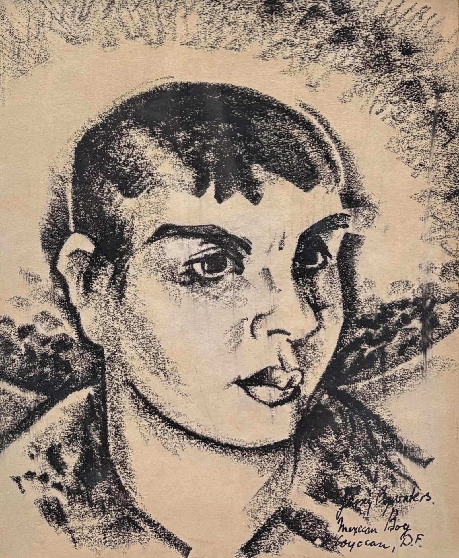 Jerry Bywaters (Am. 1906-1989), Mexican Boy: Jerry Bywaters (Am. 1906-1989), Mexican Boy, conte on paper 7 1/2 x 6, signed lower right: Jerry Bywaters, Mexican Boy