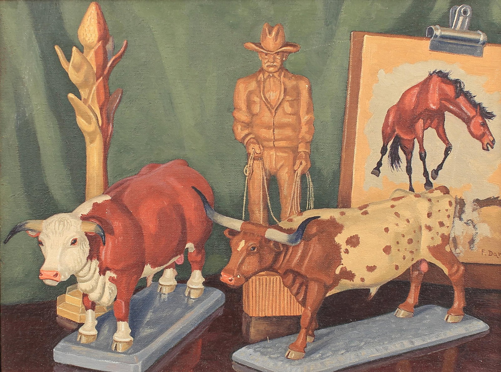 Fred Darge (Am. 1900-1978), Still Life with Wood Carvings: Fred Darge (Am. 1900-1978), Still Life with Wood Carvings, oil on canvasboard 12 x 16, signed lower right: F Darge