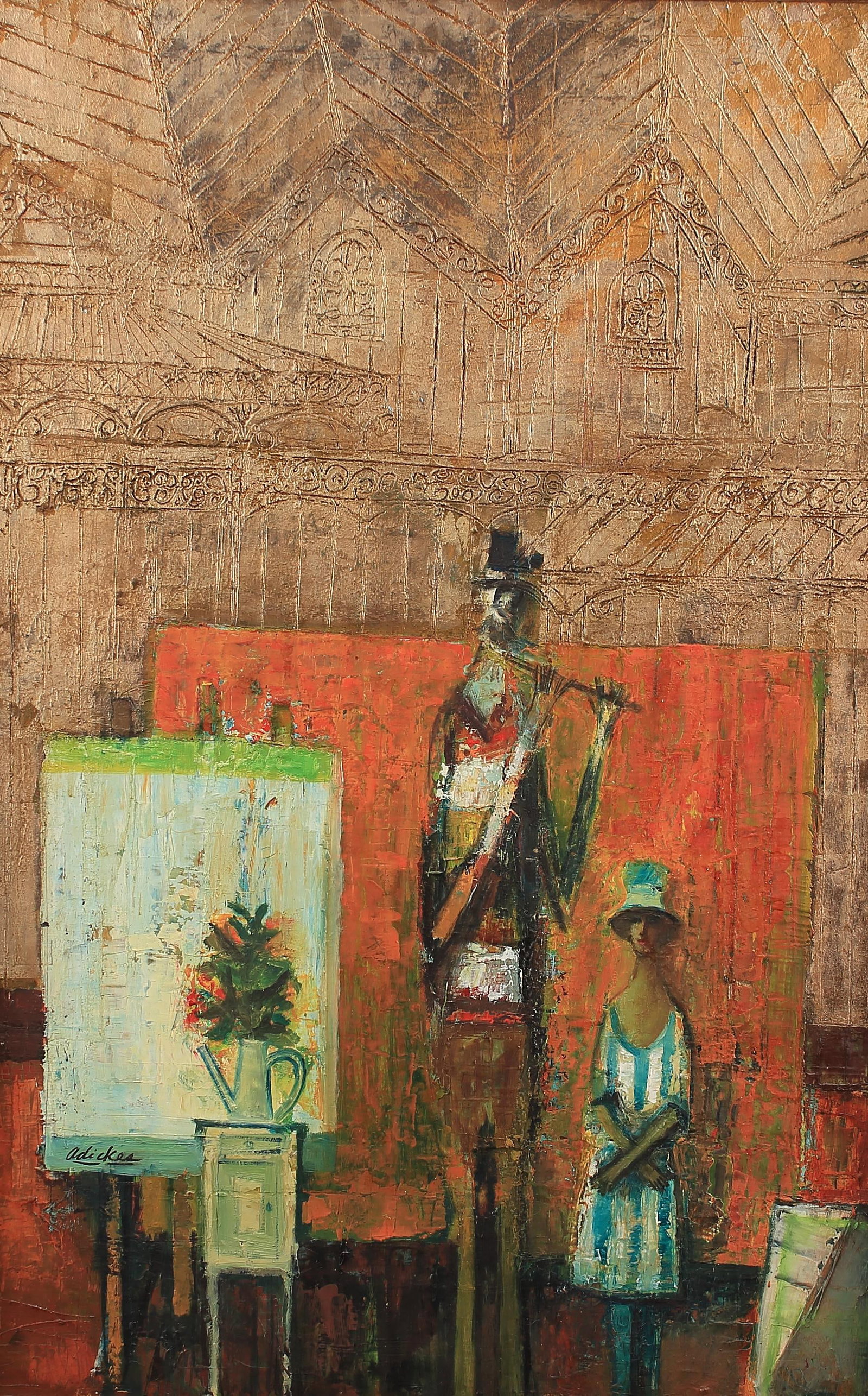 David Adickes (Am. 1927-2025), Man with Flute and Lady, c. 1970s: David Adickes (Am. 1927-2025), Man with Flute and Lady, c. 1970s, oil on canvas 40 x 26 1/4, signed lower left: Adickes