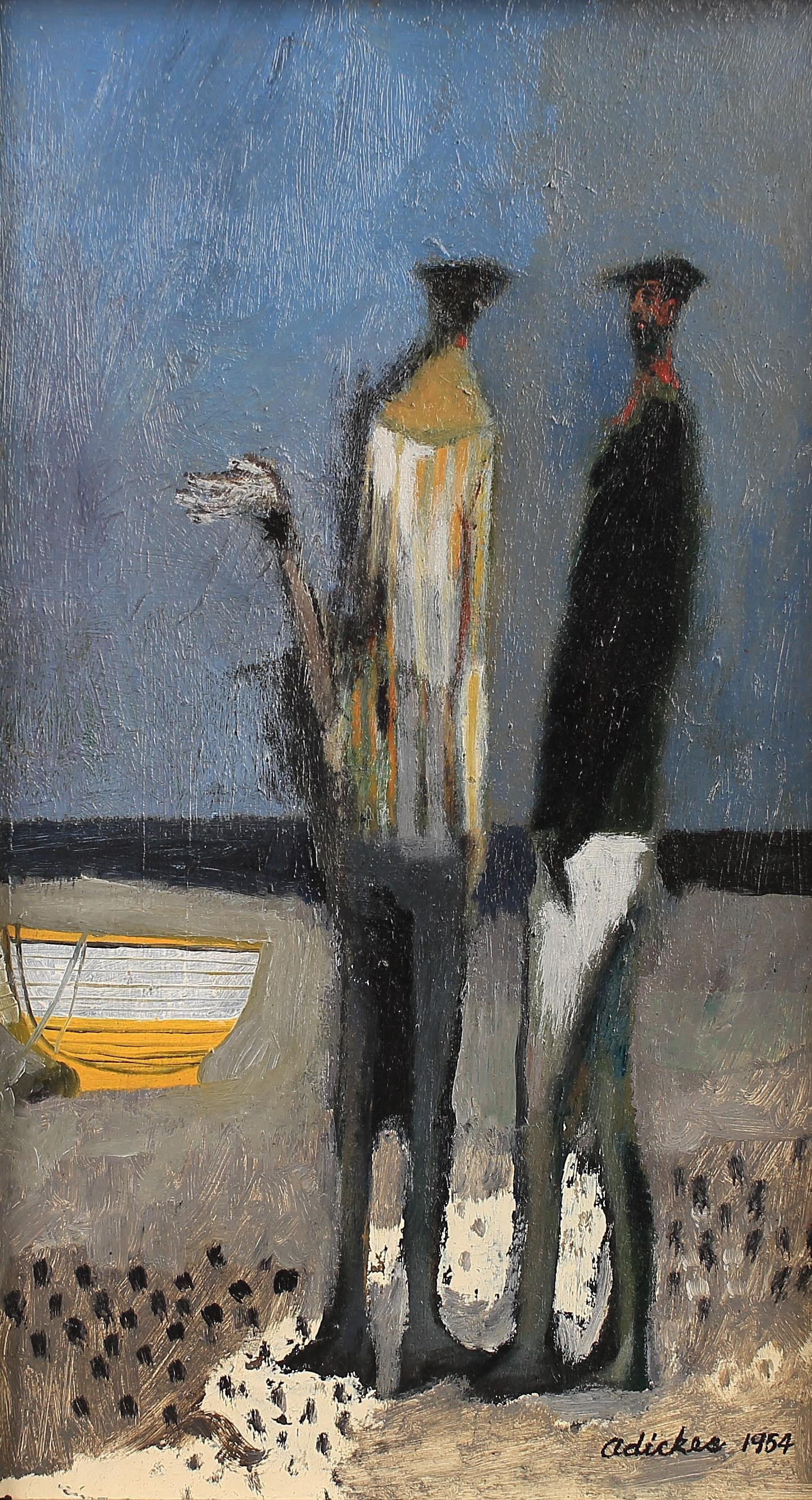 David Adickes (Am. 1927-2025), 2 Men on Beach with Boat, 1954 (1 of 1)