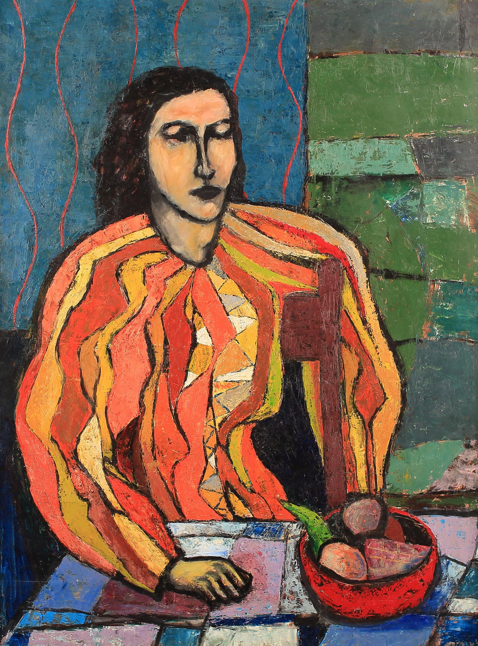 Don Snell (Am. 1922-2014), Woman in Orange & Yellow Dress, 1950s: Don Snell (Am. 1922-2014), Woman in Orange & Yellow Dress, 1950s, oil on masonite 39 1/2 x 29 1/2, note on verso: This painting by Don Snell was given to me by the artist c. 1952 and has been in my co