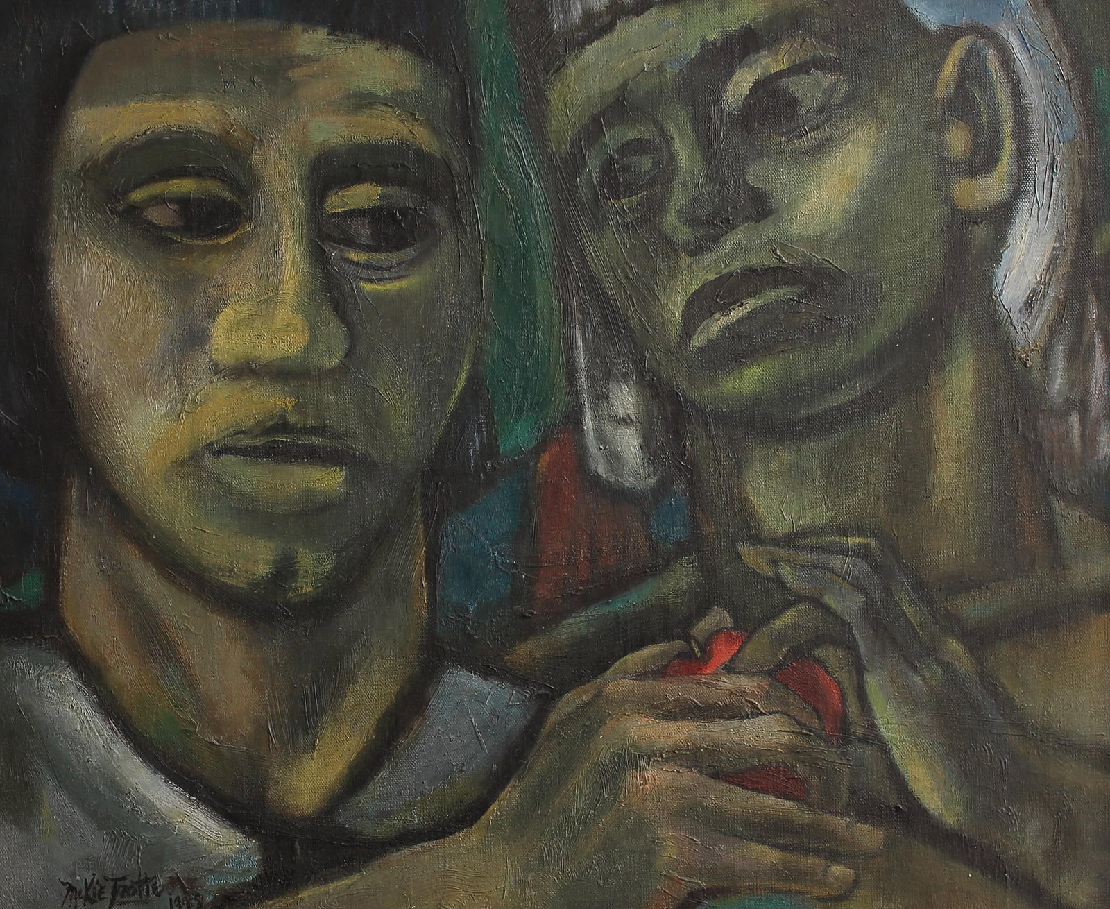 McKie Trotter (Am. 1918-1999), Adam & Eve, 1949: McKie Trotter (Am. 1918-1999), Adam & Eve, 1949, oil on canvas 18 x 22, signed lower left: McKie Trotter 1949; signed and titled on verso: Trotter, 1949, Adam & Eve,