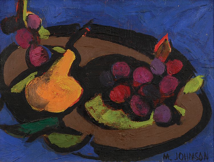 Pear & Grapes: Lee, Marjorie Johnson (Am. 1911-1997) Pear & Grapes oil on board 9 x 12 SLR: M Johnson
