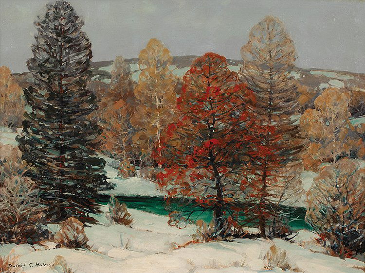 Red Oak - Snow Upper Oak Creak: Holmes, Dwight C. (Am. 1900-1986) Red Oak - Snow Upper Oak Creak oil on board 18 x 24 SLR: Dwight C. Holmes