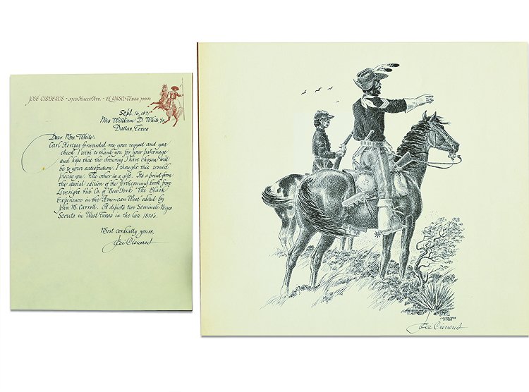 6 Items: 1.) print from book: "The Black Experience in: Cisneros, Jose (Am. 1910-2009) 6 Items: 1.) print from book: "The Black Experience in the American West" Liveright Publishing, New York accompanied by original hand written letter; Four Original Print