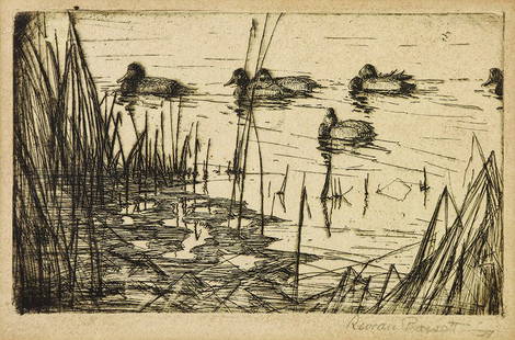 Ducks, 1929: Bassett, Reveau (Am. 1897-1981) Ducks, 1929 etching 4 x 6 3/8 SLR: Reveau Bassett