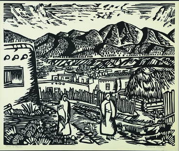 Taos, New Mexico: McClung, Florence (Am. 1894-1992) Taos, New Mexico woodcut 14 x 17 SLL: Taos N. Mexico; SLR: Florence McClung