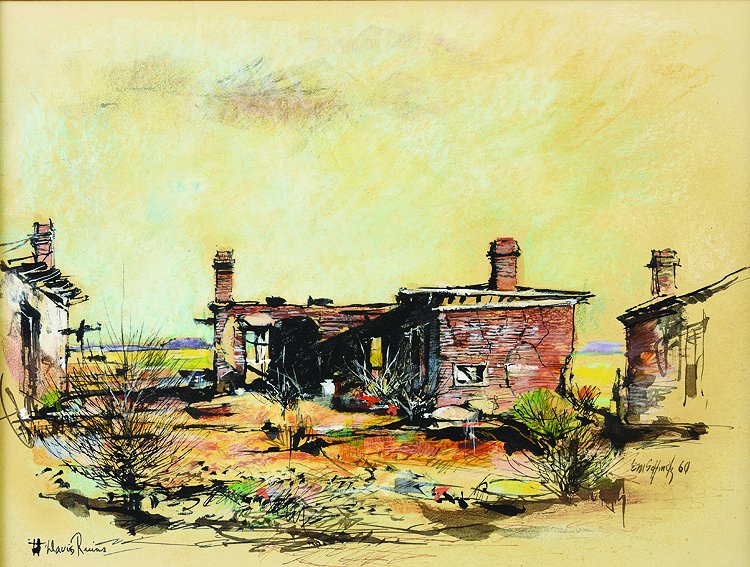 Davis Ruins: Schiwetz, EM Buck (Am. 1898-1984) Davis Ruins ink & gouache on paper 13 x 17 SLr: EM Schiwetz *This lot includes the book: Paintings and Drawings by E.M. Schiwetz, introduction by: Leon Hale