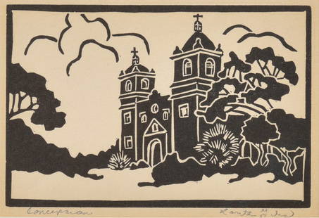 Lorita Giles, Mission Concepcion, woodblock: 4 x 6 inches, signed lower right: Lorita Giles