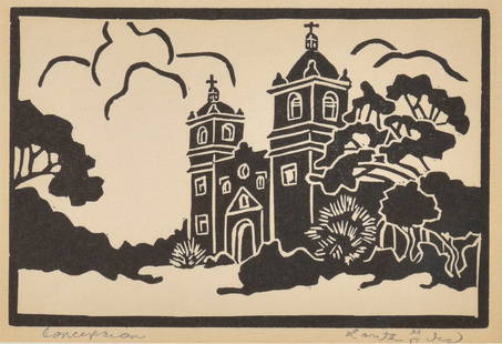 Lorita Giles, Mission Concepcion, woodblock: 4 x 6 inches, signed lower right: Lorita Giles