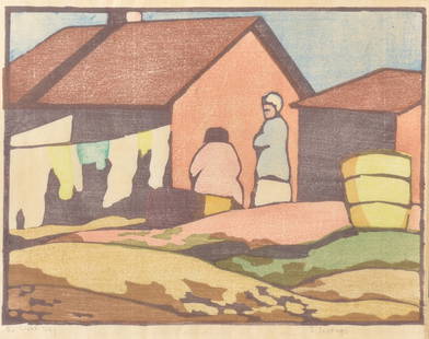 Jessie Jo Eckford, Washday, Ed. 3/30, woodcut: 8 x 10 inches, signed lower right: J Eckford