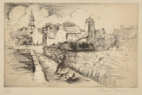 Mary Bonner, Village Scene, 1925; Ed. 3/25, etching: 5 1/2 x 8 1/2 inches, signed lower right: Mary Bonner