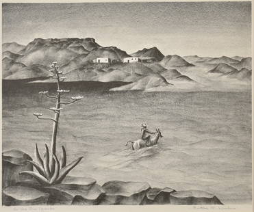 Bertha Landers, On the Rio Grande, lithograph: 11 1/2 x 14 1/2 inches, signed across bottom: On the Rio Grande, Bertha M Landers