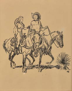 Harold Dow Bugbee, Cowboy & Cowgirl, pen & ink: 10 x 8 inches, signed lower right: HB