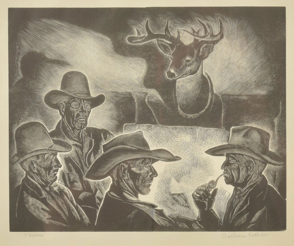 Barbara Latham, Texans, etching (1 of 3)