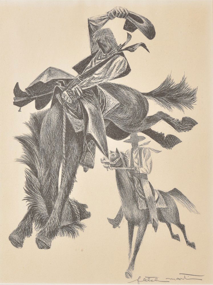 Fletcher Martin, High, Wide and Handsome, lithograph: 14 x 10 inches, signed lower right: Fletcher Martin; Fletcher Martin is responsible for the WPA Mural in La Mesa titled, "Horse Breakers."