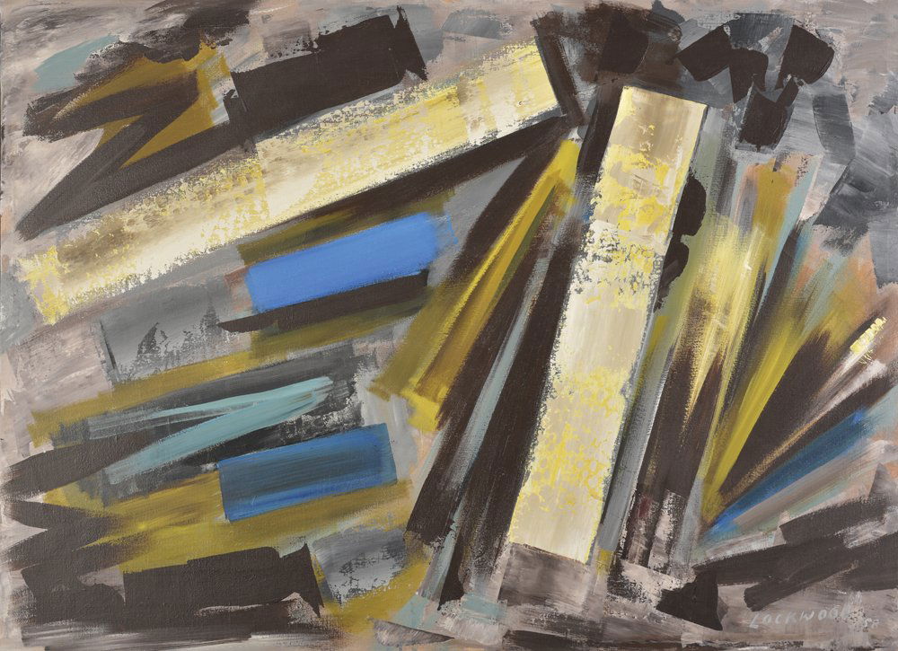 Ward Lockwood, Dark Excitation, oil on canvas: 36 x 50 inches, signed lower right: Lockwood; Lockwood studied art at University of Kansas, took classes with Henry McCarter at Pennsylvania Academy of Fine Arts. He served in both World Wars and as a