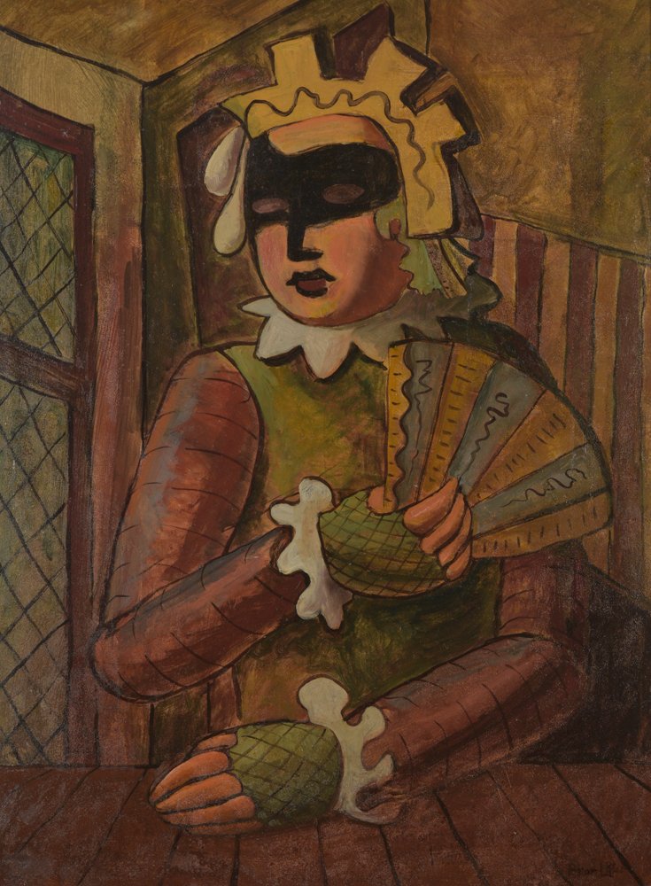 Bror Utter, Harlequin, oil on academy board: 24 x 18 inches, signe dlower right: Bror Utter; "Bror Utter was a founding member of the Fort Worth Circle, and was a contemporary of Dickson Reeder. He was active in the Fort Worth community teaching