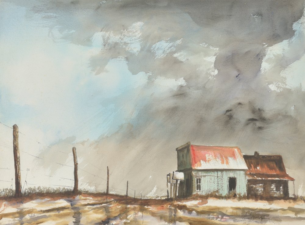 Ancel E. Nunn, Study for Rainstorm Farm Scene,: watercolor on paper; 21 x 29 inches, signed lower right: Ancel Nunn