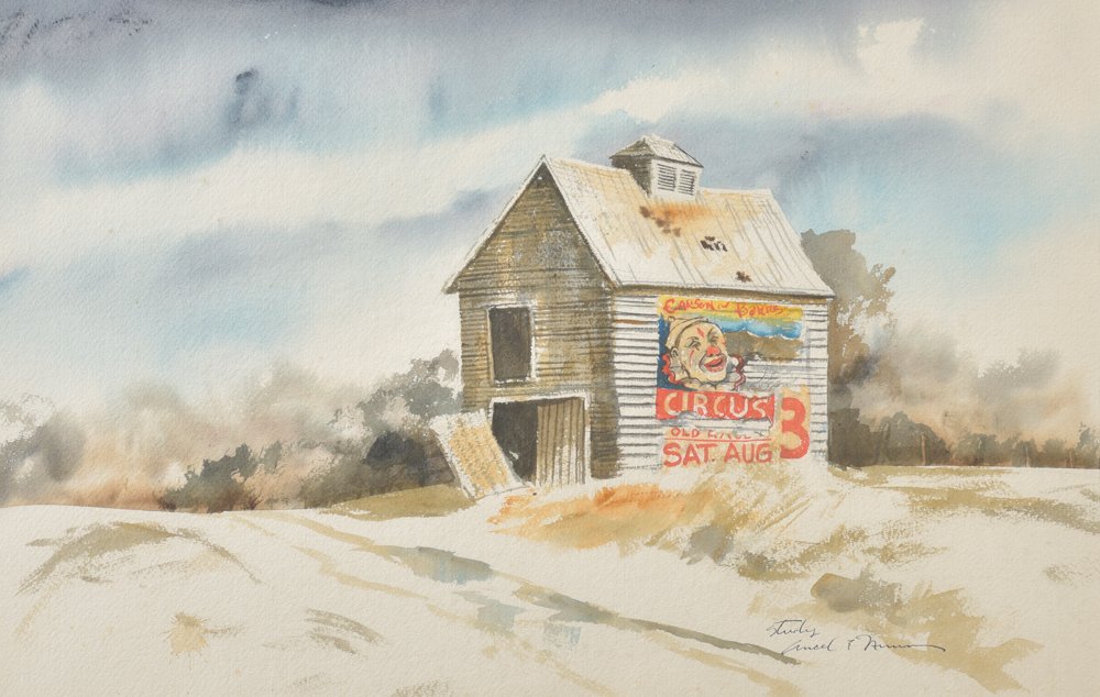Ancel E. Nunn, Cars and Bars Circus, watercolor on: ... paper. 15 x 22 inches, signed lower right: Ancel Nunn