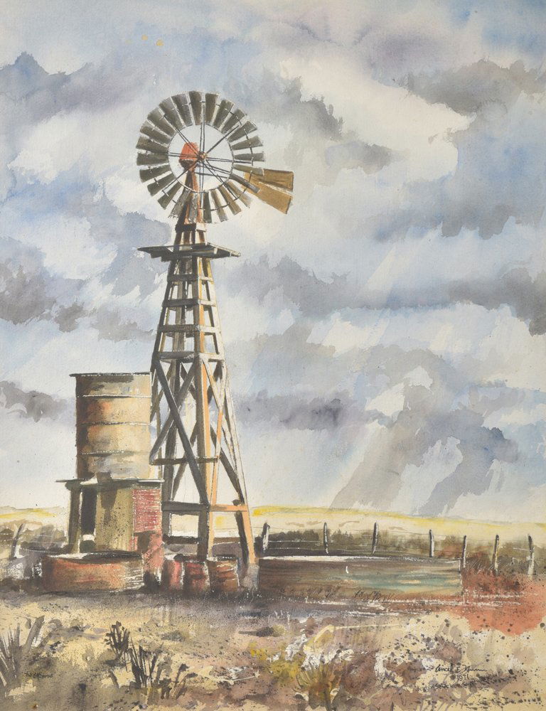 Ancel E. Nunn, Windmill South of Sweetwater,: ... watercolor on paper. 30 x 22 inches, signed lower right: Ancel Nunn