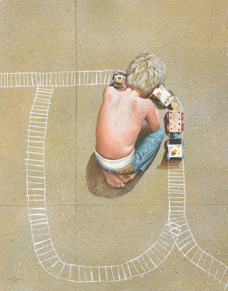 Ancel E. Nunn, Boy on Sidewalk with Train, oil on (1 of 3)