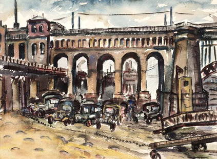 Veronica Helfensteller, Eads Bridge, St. Louis,: 1935-7; watercolor on paper, 12 x 15. This painting was exhibited at, and a color plate is reproduced on page 83, plate no. 7 of the show: Intimate Modernism: Fort Worth Circle Artists in the 1940’s