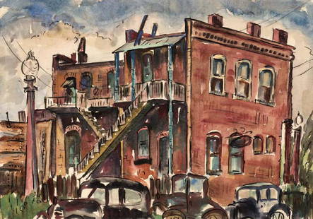 Veronica Helfensteller, St. Louis Apartment House,: 1935-7, watercolor on paper 10 x 14. This painting was exhibited at, and a color plate is reproduced on page 82, plate no. 6 of the show: Intimate Modernism: Fort Worth Circle Artists in the 1940’s