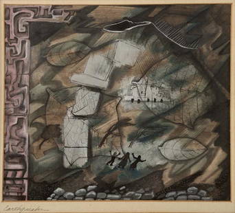 Veronica Helfensteller, Earthquake, 1948, watercolor on: 9 1/2 x 11, signed lower left on mat: Earthquake