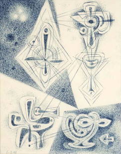 Emil Bisttram, Untitled, 1956, pen and ink on paper: 9 x 7, signed lower left: E.B. 56