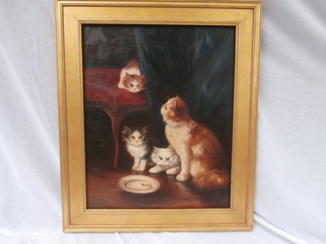 Old World Portrait Cat and Kittens Genre: Large Feline portrait oil on canvas 20" x 25" German artist signed lower left A.Fremond overall framed size 26" x 31"