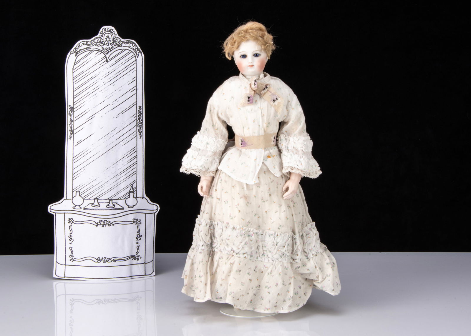 A French bisque swivel head fashionable doll,: A French bisque swivel head fashionable doll, with dark blue striated glass eyes, light brown four stroke brows, pink lips with darker pin accents, ears pierced into the head, blonde mohair wig on cor