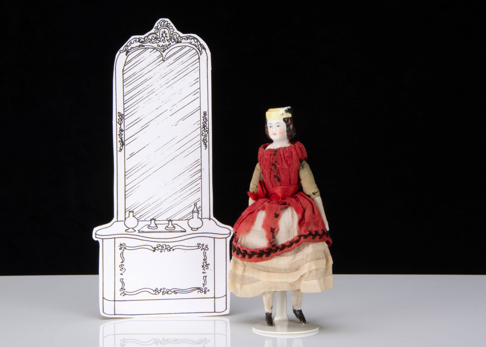 A rare bisque shoulder-head dolls’ house doll with moulded hat, (1 of 3)