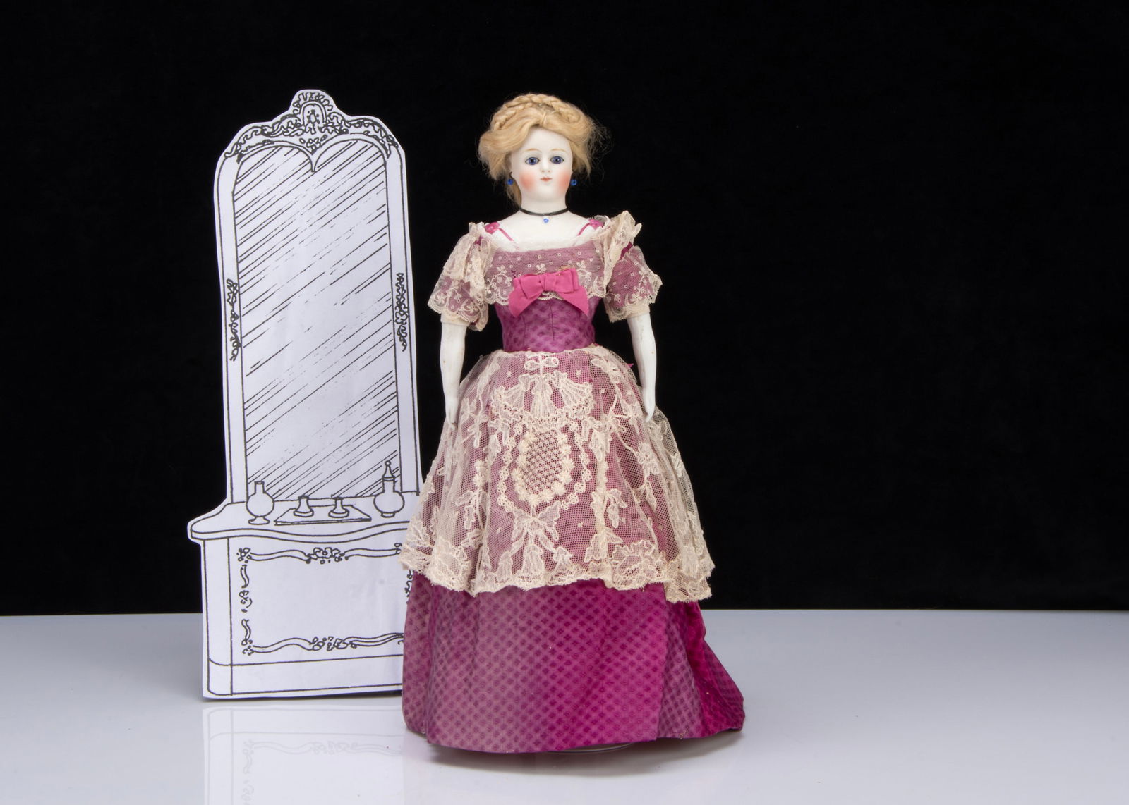 A rare German bisque shoulder head wigged lady doll with elaborate collar, (1 of 3)