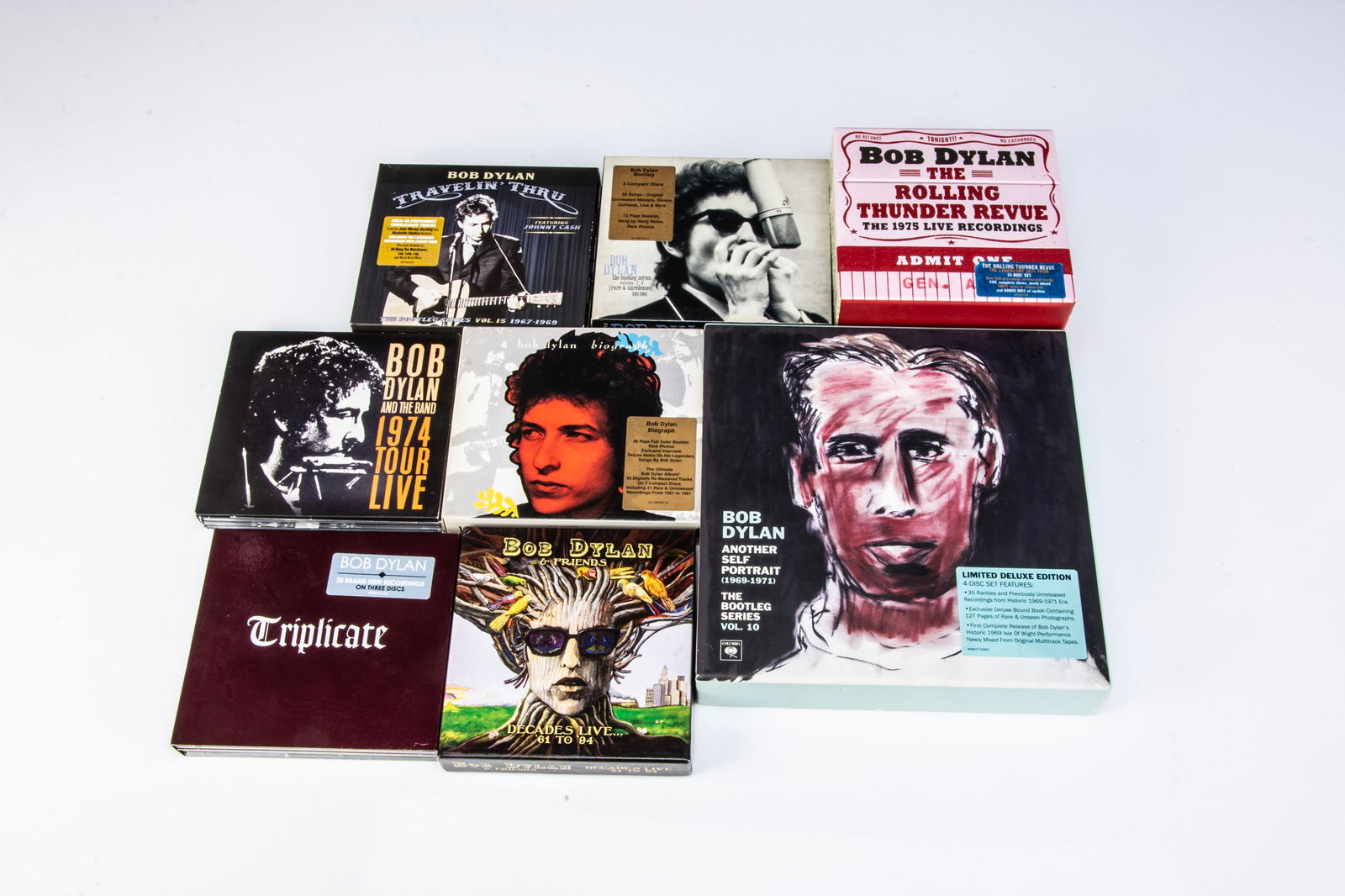 Bob Dylan Box Sets,: Bob Dylan Box Sets, eight Box Sets comprising Another Self Portrait, The Rolling Thunder Revue, Travelin Thru, Triplicate, Bootleg Series Vol 1-3, 1974 Tour Live, Decades Live and Biograph - mainly al