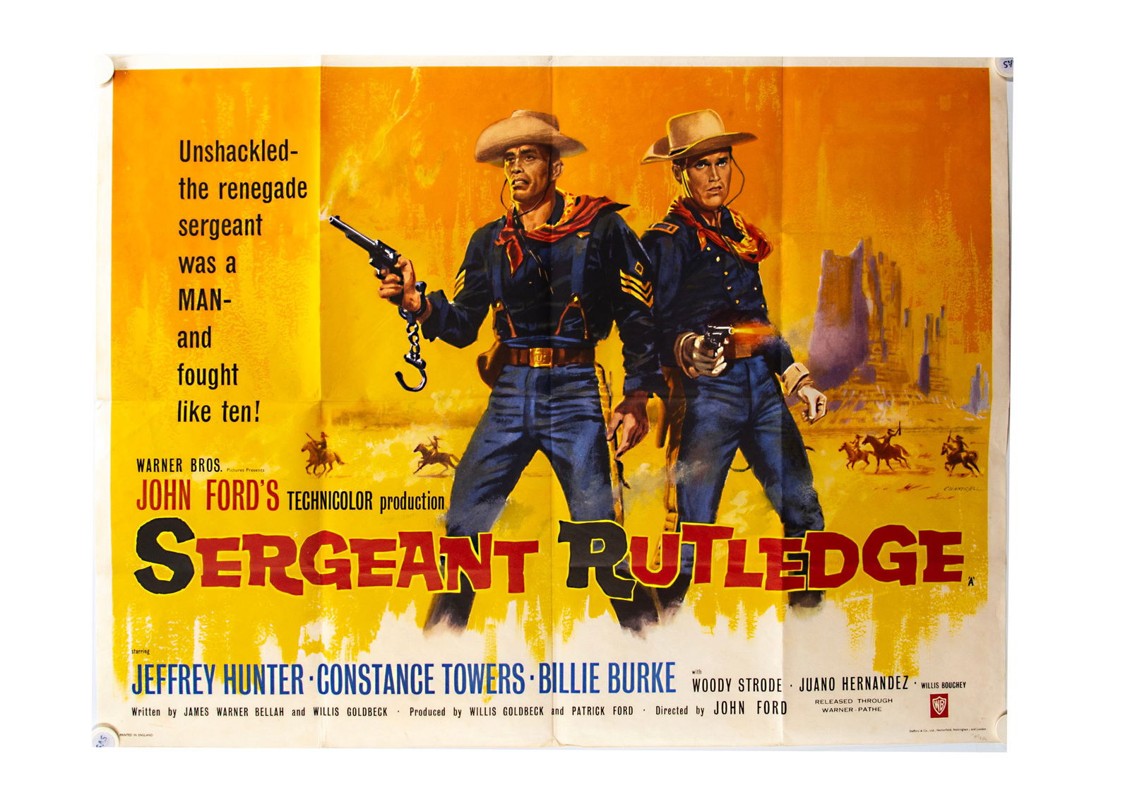 Sergeant Rutledge (1960) Quad Poster,: Sergeant Rutledge (1960) Quad Poster, UK Quad poster for this John Ford Western with Tom Chantrell artwork - folded with pin holes to corners, otherwise Very Good condition - measures 30" by 40"