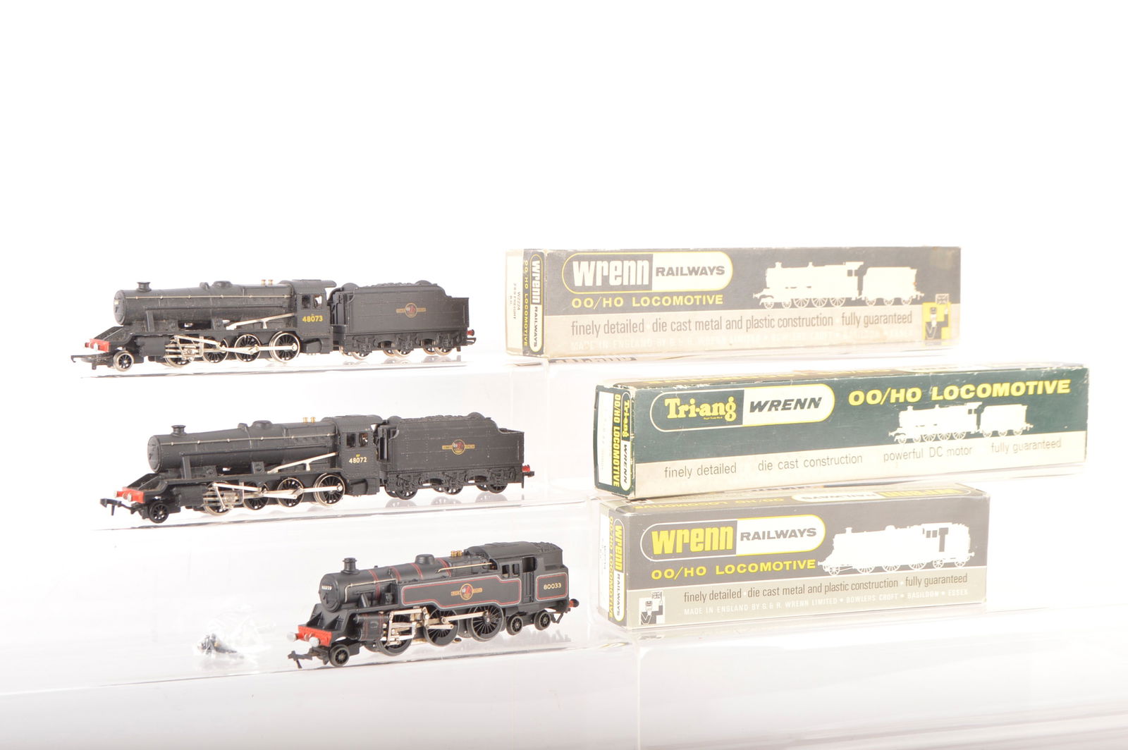 Pair of Wrenn 00 Gauge boxed W2224 BR black Class 8F 2-8-0 Locomotives and Tenders and 2-6-4T (3): Pair of Wrenn 00 Gauge boxed W2224 BR black Class 8F 2-8-0 Locomotives and Tenders and 2-6-4T (3) one 8F with original number 48073 and other in Tri-ang Wrenn box renumbered 48072, both in original bo
