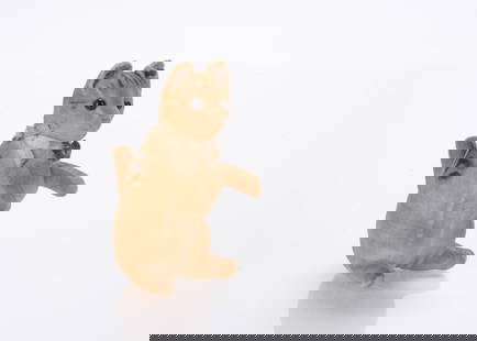 An early Steiff cat, circa 1908,: An early Steiff cat, circa 1908, white velvet with painted fur details, black boot button eyes, pink sttiched nose and mouth, tiny FF underscore button to ear with remains of white tag and original bl