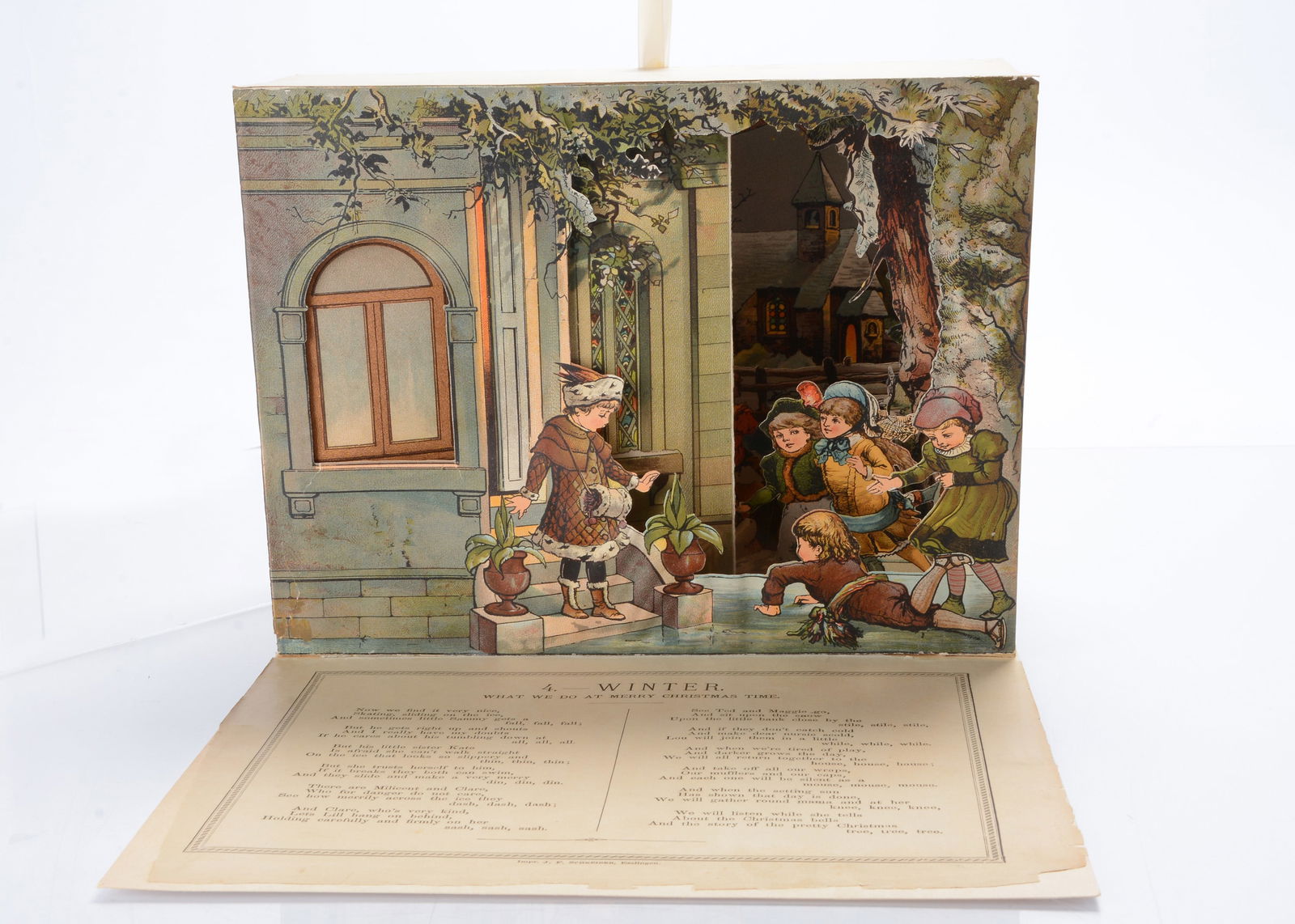 Four late 19th century J F Schreiber pop-up pages of the four seasons, (1 of 2)