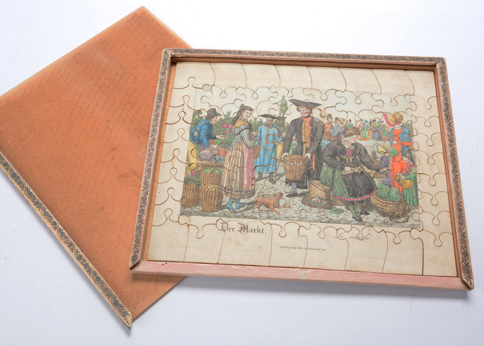 An 19th century Christian Grüneberg Senior of Nuremberg dissected puzzle of The Market,: An 19th century Christian Grüneberg Senior of Nuremberg dissected puzzle of The Market, hand-coloured print laid on wood, with printer’s details and title in German and French, in plain woo